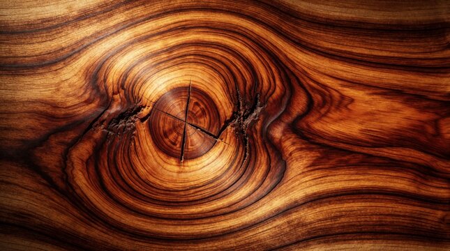 Close up view of Koa wood texture. Intricate grain patterns, natural rings show beautiful organic design. Dark warm tones create elegant background for carpentry interior design projects. Wood