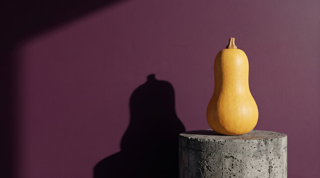 Ripe butternut squash on grey concrete pedestal with dramatic shadow against plum background with copy space