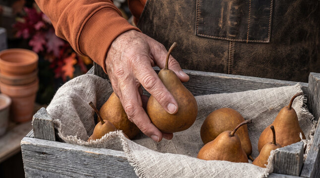 Farmer hand carefully arranging ripe Bosc pears in rustic wooden crate lined with linen at autumn orchard