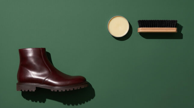 Deep oxblood leather ankle boot with wax polish and brush against solid dark green background with copy space