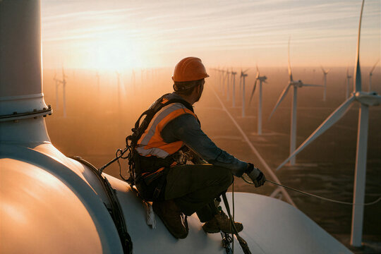 Person in safety harness sitting on top of wind turbine at sunset in wind farm