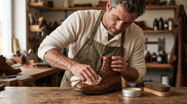 Dedicated craftsman meticulously waterproofing brown leather work boot against rustic workshop backdrop