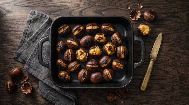 Roasted chestnuts in cast iron roasting pan in warm golden brown tones against dark rustic wooden background