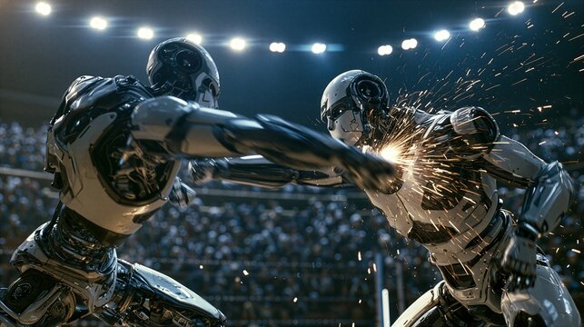 Two metallic humanoid robots fighting in combat arena with sparks flying from impact