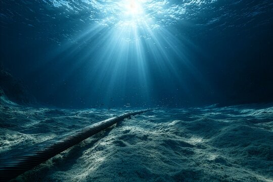 Underwater cable crossing the ocean floor beneath sunlight rays in deep blue seawater