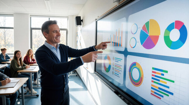 Smiling male teacher points at large interactive touchscreen display with colorful infographics, charts in modern classroom. Educator explains data science, math lesson to high school students using