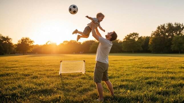 Happy father lifts young son high in air to kick soccer ball in green park. Man plays football with boy at sunset. Family enjoys outdoor sport, active lifestyle, fun time together on grass field