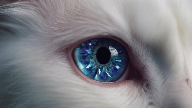Extreme macro photorealistic footage of a cute Angora cat's eye, deep sapphire blue iris