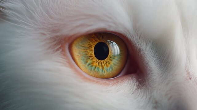 Extreme macro photorealistic footage of a cute Angora cat's eye, striking topaz-yellow iris