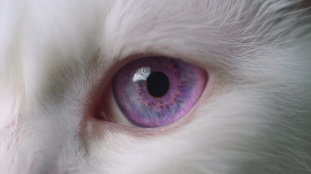 Extreme macro photorealistic footage of a cute Angora cat's eye, mesmerizing violet-purple iris
