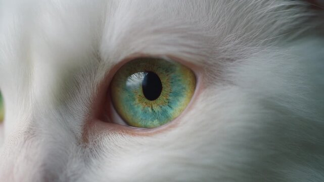 Extreme macro photorealistic footage of a cute Angora cat's eye, brilliant jade-green iris