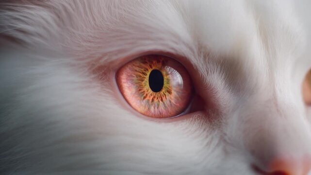 Extreme macro photorealistic footage of a cute Angora cat's eye, mesmerizing rose-gold iris