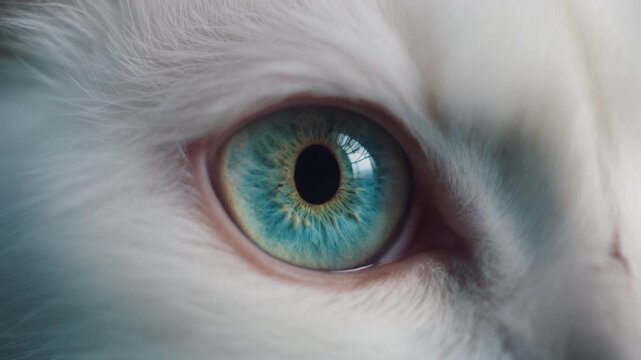 Extreme macro photorealistic footage of a cute Angora cat's eye, luminous aqua-cyan iris