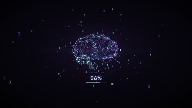 Digital Brain with Binary Code and Network Connections Illustrating AI Learning Process and Knowledge Acquisition