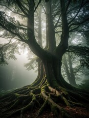 Obraz premium Ancient yew tree with huge mossy roots in misty forest. Thick trunk, sprawling branches stand in foggy woodland. Mysterious nature landscape with green moss on ground, old wood. Eerie peaceful
