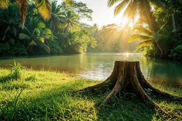 Obraz premium Old brown tree stump sits on green grass by tropical river. Sunny morning light shines through palm trees in jungle. Calm water reflects forest scenery. Natural wood log near river bank in summer