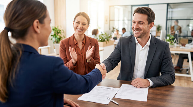 Smiling woman and man shaking hands over a signed contract at a desk while a female colleague claps to celebrate the successful employment agreement
