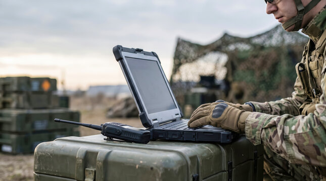 Military personnel typing on a durable computer at a portable workstation set up in an open field while wearing tactical gear and protective gloves