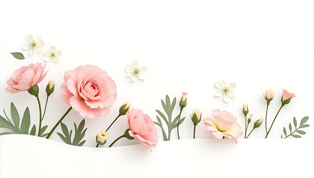 Beautiful pink ranunculus flowers with green leaves in a delicate watercolor design