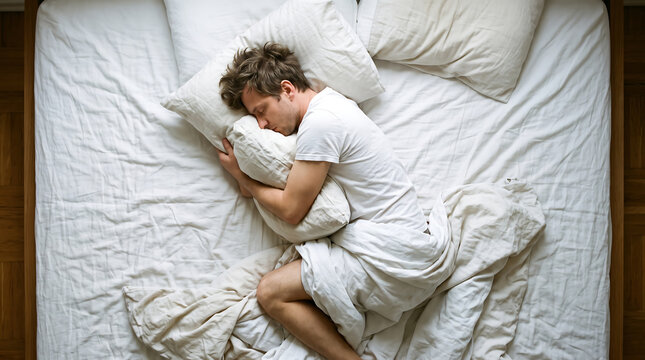 Top view of a tired young man sleeping peacefully on his side hugging a pillow in a messy unmade bed with white linen sheets and duvet for rest relaxation and sleep concept