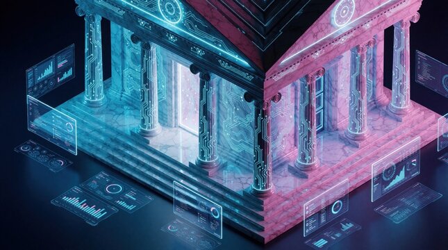 Isometric 3D view of futuristic bank building with glowing blue, pink neon circuits. Digital data screens, holographic financial charts float around marble columns. Modern tech architecture