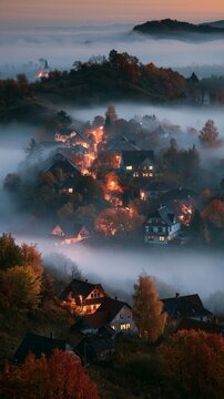 a picturesque village nestled amidst a misty valley during autumn. The village is illuminated by warm, glowing lights, contrasting with the cool blues and oranges of the setting sun.