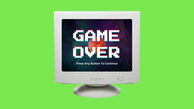 Vintage computer monitor displaying a pixelated 'Game Over' message, a nostalgic digital graphic evoking classic video game culture and retro tech aesthetics, isolated on a vibrant background