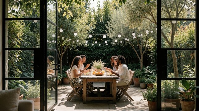 Group of diverse friends enjoy outdoor dinner party in green backyard garden. People sit around wooden table eating food, drinking wine under string lights. Summer evening social gathering at modern