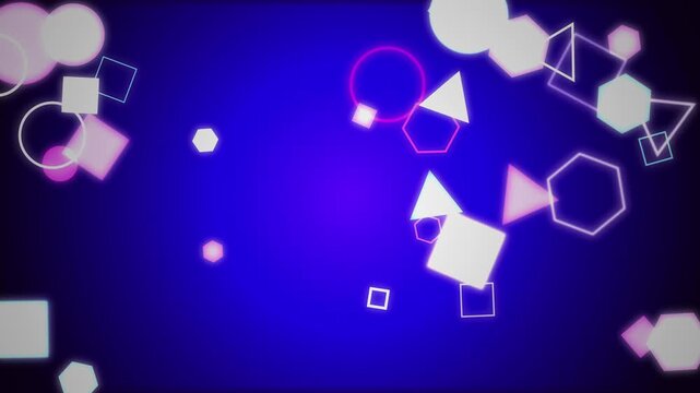 Neon geometric shapes floating background, glowing triangles circles loop, modern abstract 4K
