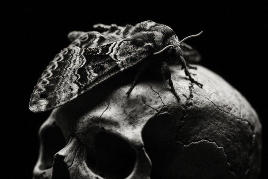 Large moth rests on human skull in dark space. Macro shot shows insect wings, bone texture. Monochrome gothic still life with eerie mood. Death, nature concept with high contrast light, shadow in