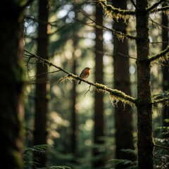 Obraz premium Small robin bird sits on mossy tree branch in dense forest. Wild bird perches on lichen covered wood amidst green pines. Sunlight filters through woodland trees creating natural bokeh background.