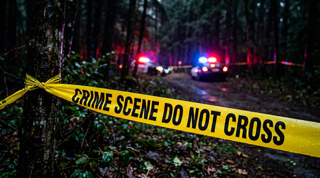 Crime Scene Tape In Dark Rainy Forest With Police Lights