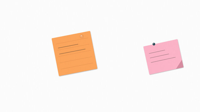 Two colorful sticky notes attached to a plain background isolated on white background