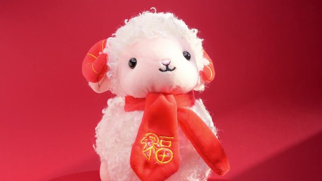 A plush sheep toy wears red scarf embroidered with Chinese character fu which means blessing