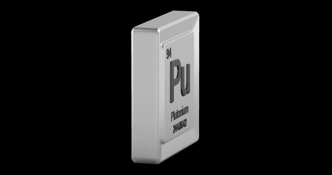 Plutonium chemical element, Pu periodic table tile rotation animation seamlessly loopable. 3D rendering isolated on transparent background