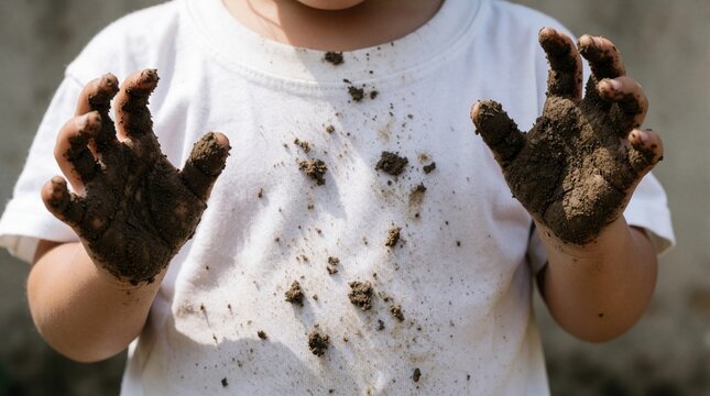 Dirty hands of toddler covered in brown mud. Messy child wearing white t-shirt after outdoor play. Small person explores nature, gets stained with soil, enjoys sensory learning, fun activities in