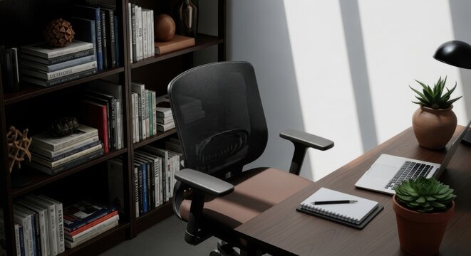 Modern Home Office Desk with Ergonomic Chair Bookshelf and Succulent Plants