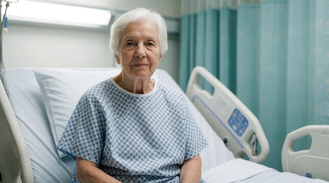 Elderly senior woman sits on hospital bed wearing blue patterned patient gown. Lone female patient looks at camera in medical ward. Senior citizen waiting for doctor nurse in clinic room during