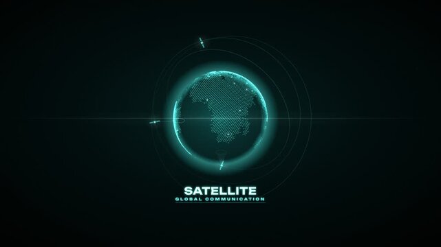 Digital Earth with orbiting satellites and global communication network lines in a futuristic dark blue theme