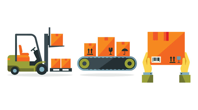 Pixel art warehouse logistics set with forklift conveyor belt and hands holding cardboard box