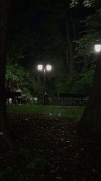Quiet night park with glowing lampposts, empty benches, and two people sitting among tall trees