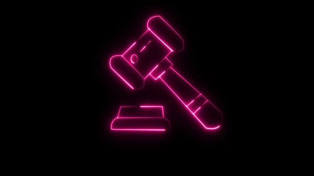 Glowing blue neon judge gavel icon representing law and justice on a dark background