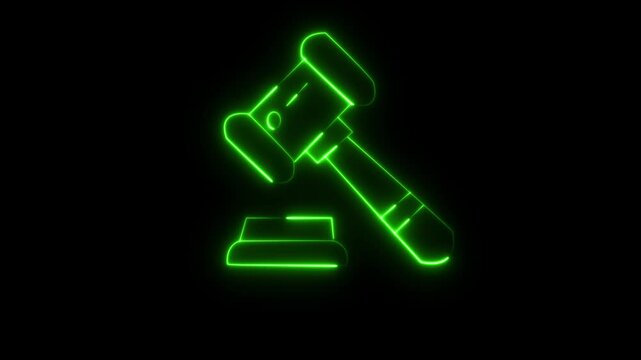 Glowing blue neon judge gavel icon representing law and justice on a dark background