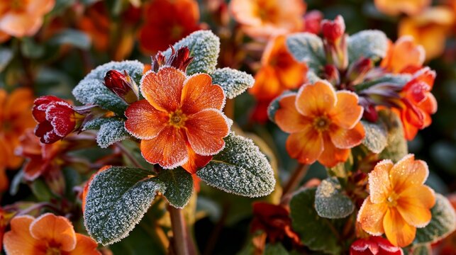 a vibrant display of flowers covered in frost. The main subject is a cluster of bright orange flowers with a yellow center, surrounded by green leaves.