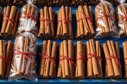 Assortment of cinnamon sticks bundled with red string in plastic bags. Spices arranged on blue market stall for sale. Aromatic culinary ingredients in packages at local food market. Brown bark sticks