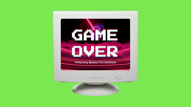 Nostalgic digital failure message on an old computer monitor screen, symbolizing the end of a pixelated challenge in classic video gaming culture