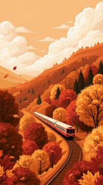 a serene autumn landscape. A train travels along a winding railway track, surrounded by a dense forest of trees displaying autumnal hues of red, orange, and yellow.