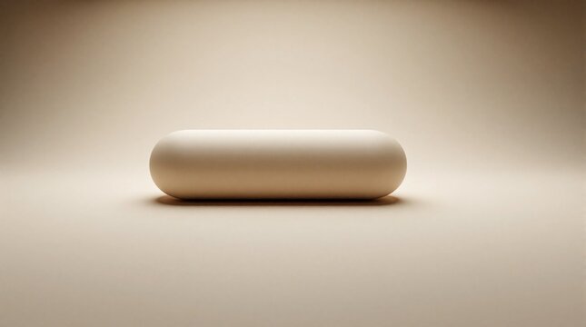 Minimalist 3d rendering of beige capsule shape on neutral background. Smooth elongated object with soft shadows creates clean modern aesthetic. Abstract geometric form used for product display,
