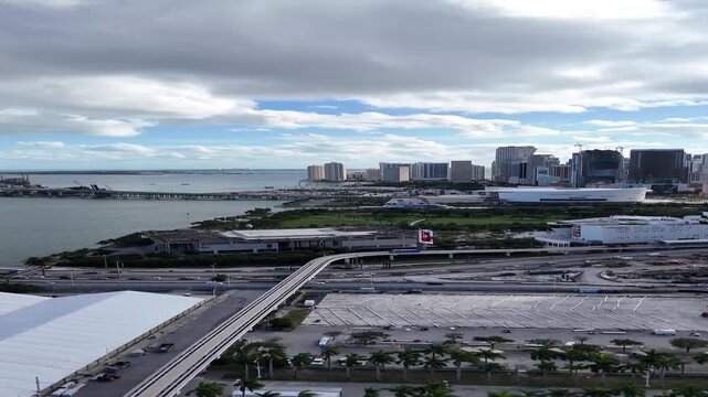 Aerial Drone View of Miami Bayfront Museums, Elevated Transit and Highway, HD