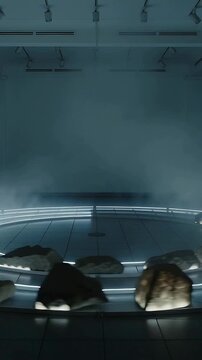 Vertical video: Motor starting rock pieces rotating on lit ring in gallery to show works with fog